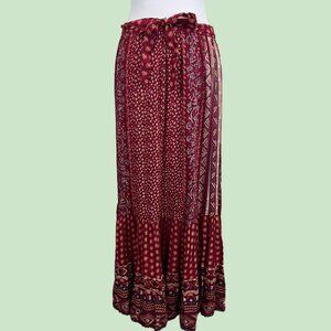 Boho red patchwork floral maxi skirt with elastic waistband